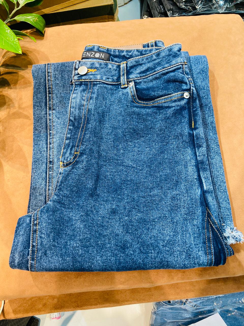 Enzon Womens Wide Leg Denim  - Blue Acid